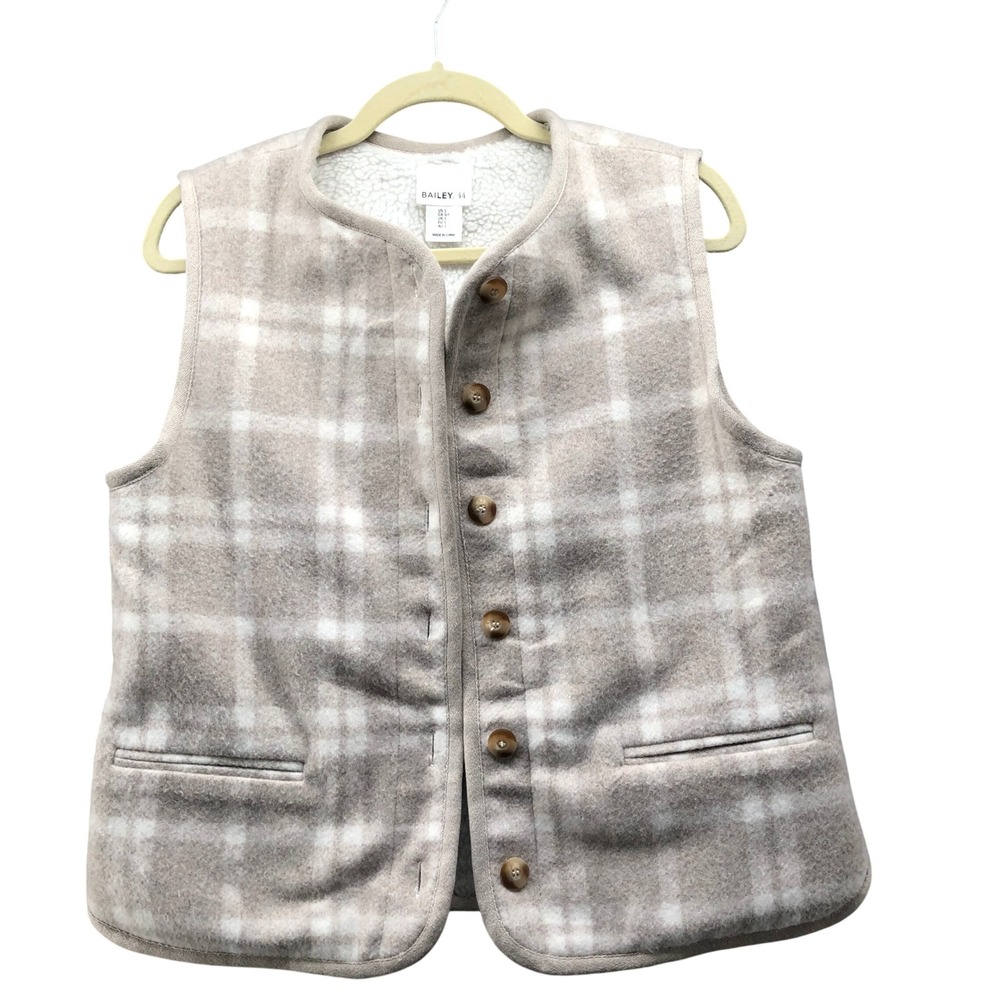 Bailey 44 Reversible Plaid Sherpa Vest Womens S Beige White Plaid Wool Blend